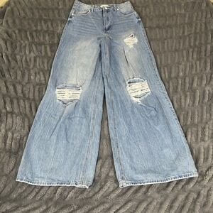 Almost Famous Womens High Rise Wide Leg Distressed Jeans Light Wash Size 5